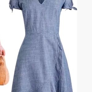 J. Crew Blue Chambray V Neck Ruffle Tie Sleeve Fit Flare Dress